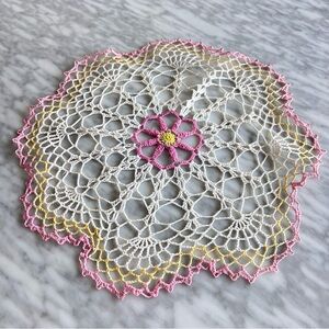 Vintage Crochet Doily with Pink & Yellow Accents 13”
